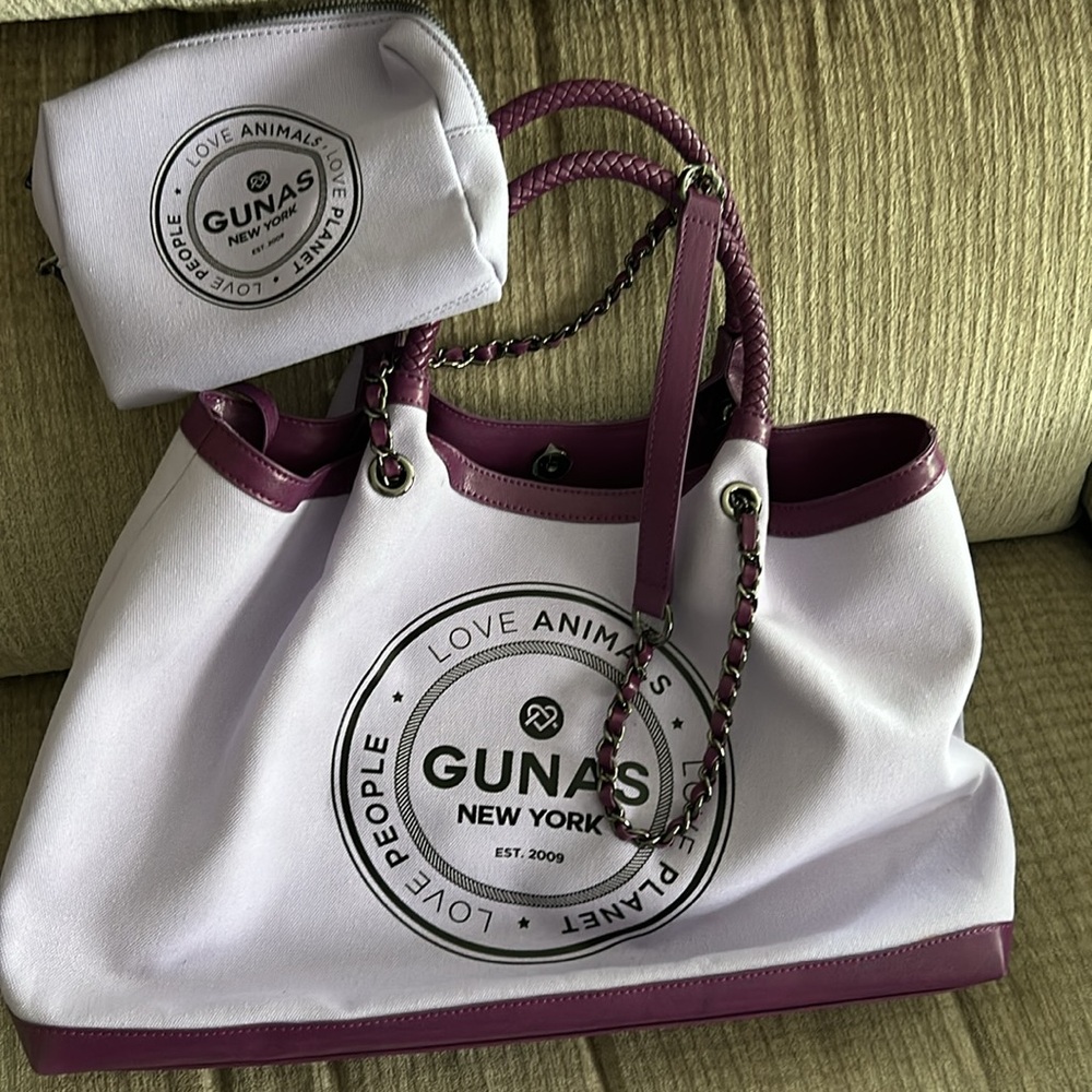 Gunas New York Ruth  canvas tote bag purple trimmed in leather APX 16 x 11 x 4 - Picture 13 of 13